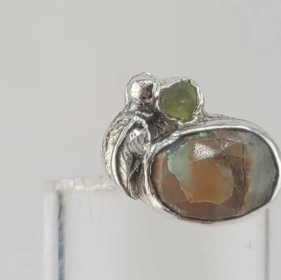 PERUVIAN OPAL & CRYSTAL LEAF RING HANDMADE IN STERLING SILVER METAL 5 - Picture 7 of 7